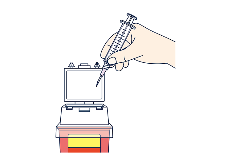 注射針、注射筒の再利用はできません。自己注射補助具から取りはずした後は、専用の廃棄ボックスなどに廃棄してください。
